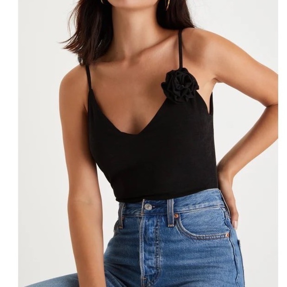 Lulus Adoring Flirt Black Ruffled Backless Bodysuit Black Rose Detail Size Large